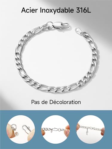 PROSTEEL Gourmette Homme Acier Inoxydable 21cm, Chaîne Bracelet à Maillons Figaro 6mm, Hip Hop Wristband – vue 5