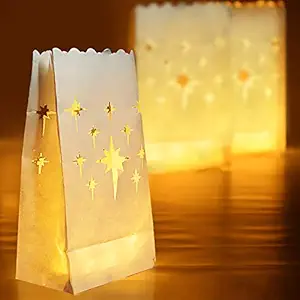 Homemory 24 PCS White Luminary Bags, Flame Resistant Candle Bags, Stars Design Luminaries, Halloween, Thanksgiving, Party, Christmas