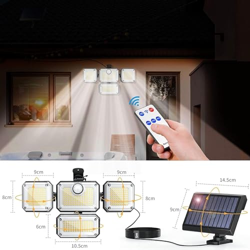 ソーラーライト 屋外 防水 分離型 センサーライト 【333LED/人感センサー/4灯式/IP65防水/5M延長コード】人感センサーライト 自動点灯 明るい 太陽光センサーライト 2400mAh大容量バッテリー 防犯ライト ガーデンライト 壁掛け/庭/玄関/駐車場/倉庫/ガレージ リモコン付き ソーラー発電 電気代不要 停電時適用 防災ライト 地震 津波 台風 防災対応 （ [5]