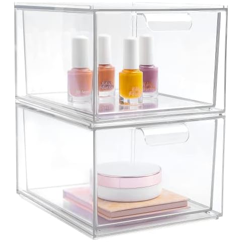 Vtopmart 2 Pack Stackable Makeup Organizer Storage Drawers, 4.4'' Tall Acrylic Bathroom Organizers,Clear Plastic Storage Bins For Vanity, Undersink, Kitchen Cabinets, Pantry Organization and Storage Cover