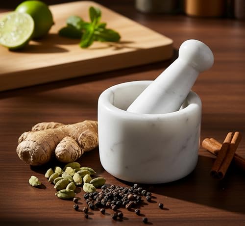KLEO Petit mortier et pilon en pierre naturelle de 7,6 cm comme épices, broyeur à médicaments – Kharad, Khallad, Okhli et Musal (blanc)…