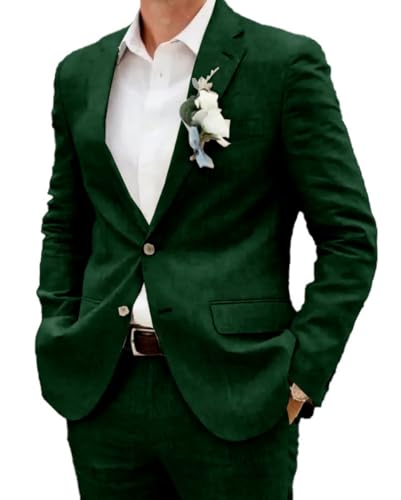 Conjunto de traje de lino para hombre, esmoquin casual, 2 piezas, blazer de ajuste regular, chaqueta de dos botones y pantalones para graduación, boda, fiesta, verde oscuro, 60