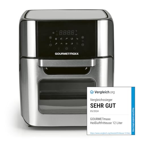 GOURMETmaxx Friteuse à air chaud numérique 12 L, four XXL en inox | Airfryer + minuterie, écran tactile, tournebroche | Friture pauvre en graisse, économie d'énergie | 10 Programmes y compris pizza