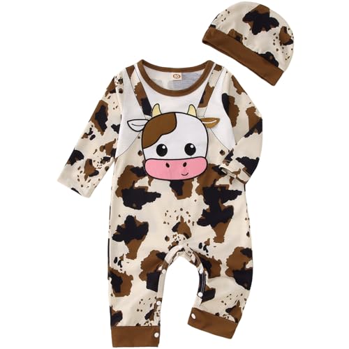 BOUTIKOME Infant Baby Boys Cow Outfits Cute Cow Graphic Jumpsuit Romper Long Sleeve Bodysuit Onesie Hat 2PCS Set Fall Clothes