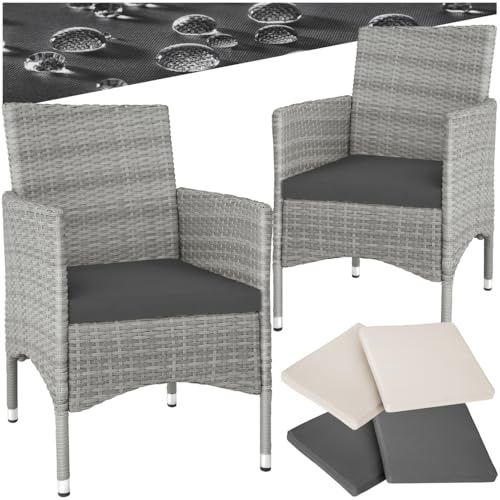 tectake® 2er Set Gartenstuhl aus Polyrattan, Gartenmöbel Set mit 2 Sessel, Outdoor Rattansessel inklusive Sitzpolster und 2 Bezugssets, rostfreie Edelstahlschrauben, pflegeleicht - hellgrau/Creme tectake® 2er Set Gartenstuhl aus Polyrattan, Gartenmöbel Set mit 2 Sessel, Outdoor Rattansessel inklusive Sitzpolster und 2 Bezugssets, rostfreie Edelstahlschrauben, pflegeleicht - hellgrau/Creme