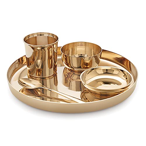 Image of Attro Satvik Kansa /Bronze Dinner /Thali Set,5 Pieces, (Model: ATTRO KANSA DN Set), Gold