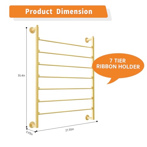 Image of 7 Tier Ribbon Storage Organizer, Wall Mounted Ribbon Organizer, Wrapping Paper Rack, Metal Ribbon Storage for Christmas Gift Craft Room Cake Shop Flower Store Scarf Belt-Gold
