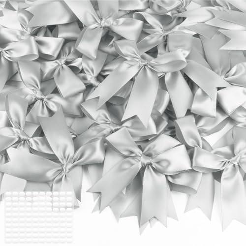 Silver Gift Wrap Bows 60pcs 3.5 Inch Pre-Tied Satin Bows with Strong Adhesive for Christmas New Year Wedding & Party Decorations