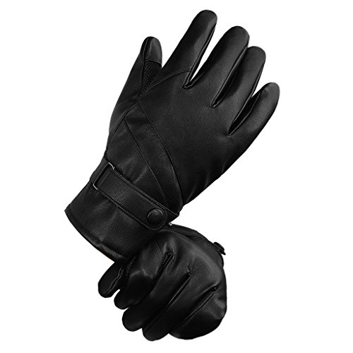 LETHMIK Mens Winter PU Faux Leather Gloves Touchscreen Anti-Slip Waterproof Warm Ski Gloves Black-XL