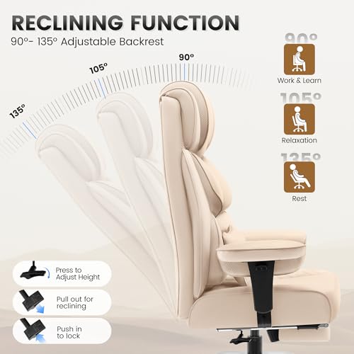 Image of BestGlory Office Desk Chair, Big and Tall Leather Gaming Chair with Footrest, Wide Ergonomic Comfy Executive High-Back Reclining Computer Chairs, Swivel Rolling Wheels and Padded Lumbar Support, Beige