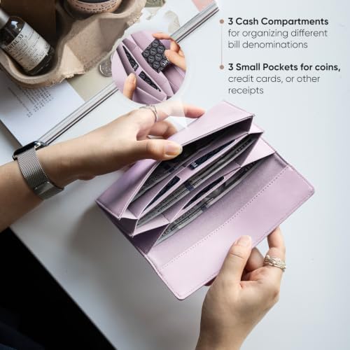 VULKIT Cash Envelope Wallet for Women, Money Wallet Organizer for Cash, 3 Bill & Receipt Compartments, 3 Card & Coin Holders, Dusty Lilac - 1