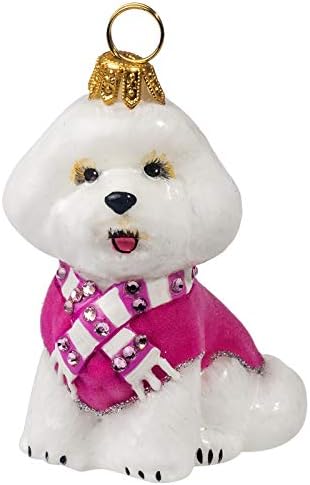 Bichon Frise in Pink Velvet Coat and Scarf Polish Glass Christmas Ornament