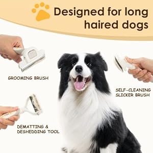 Professional Long Haired Dog Grooming Kit - Cat Grooming Brush, Dog Deshedding Brush and Self-Cleaning Slicker Brush 3 in 1 Dog Brush Set Gift Box for Long Hair Dogs Owners