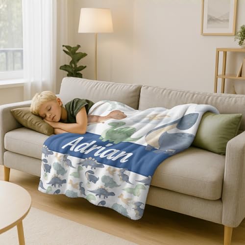 Image of Personalized Baby Blanket with Name, Custom Name Blanket for Kids | Soft Flanne Blankets in Easter Personalized Baby Gifts for Infant Newborn Shower (Dinosaur)