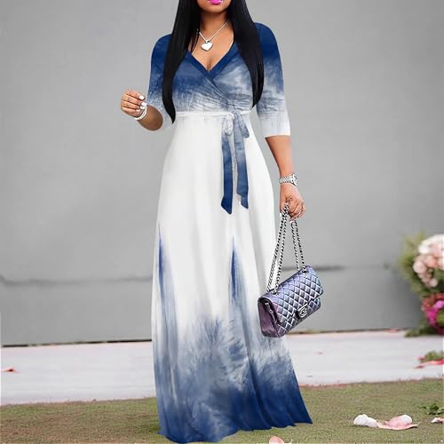 Image of PinkPatty Women's Print Maxi Dresses 3 /4 Sleeve Flowy Long Dress V Neck Wrap Tie Waist Sundress