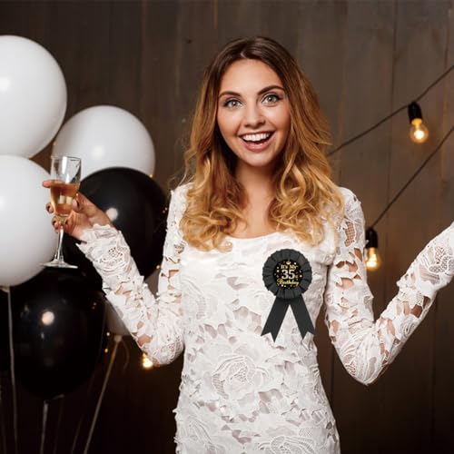 Image of It's My 35th Birthday Tinplate Badge Pin, Gold Diamond Happy 35th Birthday Button Pin, Thirty Five Birthday Black Rosette Award Ribbon Pin for Women, Brooch Buttons for 35 Years Old Birthday Party Decoration