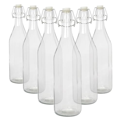 Argon Tableware 1.1 Litre Glass Bottles with Swing Top - Clear - 6x Reusable Empty Water Wine Milk Olive Oil Juice Gin Home Brew Brewing Drinking Fridge Dispenser Storage Jars with Stopper Lid