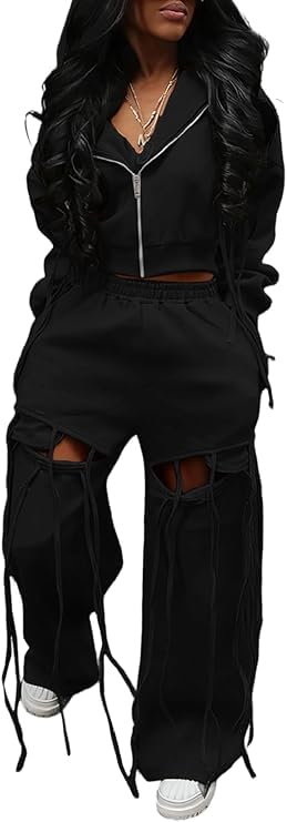 Womens Sweatsuits 2 Piece Outfits Fall Zip Up Cropped Hoodie Cut Out Sweatpants Sets Airport Travel Outfit Tracksuit-picture-13