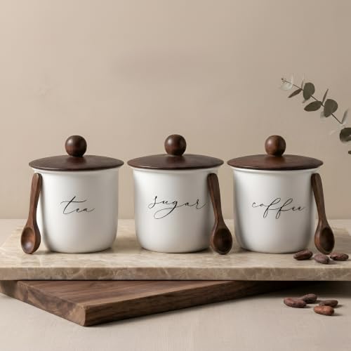 Image of Airtight Metal Canister Set of 3 with Wooden Lid, White, Tea Sugar Coffee Kitchen Storage Jars, 800ml, 11x15 cm | Food-Safe Jar Set for Kitchen counter top Container