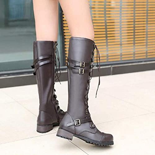 Women PU Leather Knee Boots, Strappy Lace-up Gothic Vintage Punk Buckle Military Combat Stacked Heel Boot Shoes Knee-High Boots4