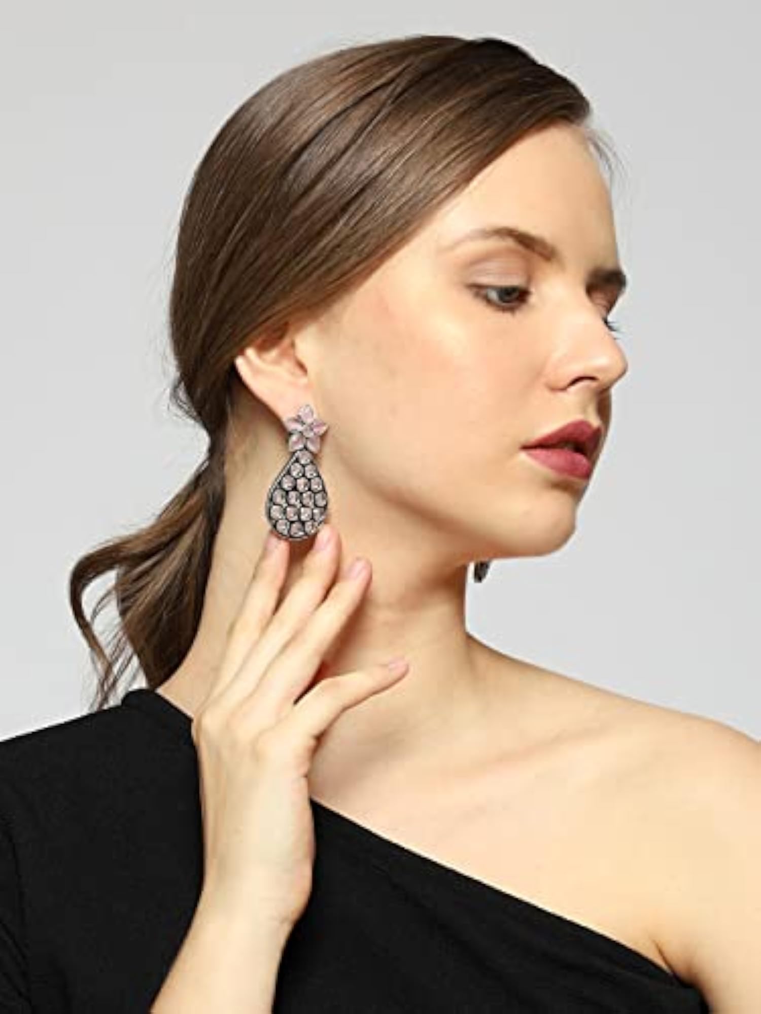 Oxidized AD Stone Rose Pink Flower Stud Earrings for Women