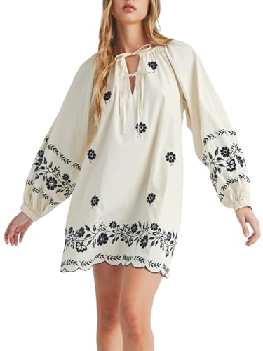 Image of Joiemont Womens Embroidered Long Sleeve Mini Dress Loose Fit Vintage Embroidery Dress with Double Neckline Self Tie