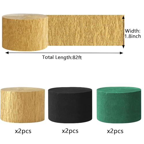 Image of We Moment Black and Dark Green Gold Crepe Paper Streamers Party Streamer 1.8 Inch Widening 6 Rolls,Black and Dark Green Gold Party Decorations Streamer 82 feet per roll for Birthday Party Decorations