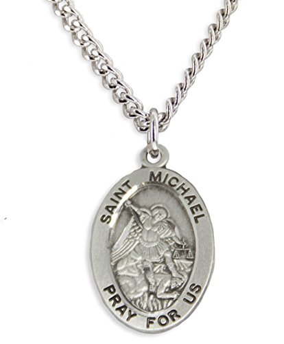 Heartland Store Women's/Boy's Sterling Silver Oval Saint Michael Pendant + 20 Inch Rhodium Plated Curb Chain & Clasp #TOP27