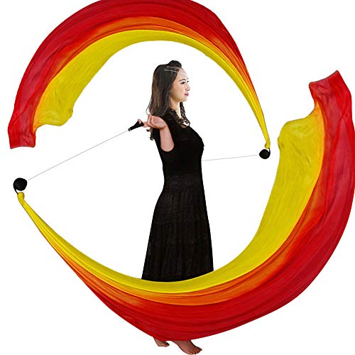 KIKIGOAL 2pcs 2.5x0.9M/98.43\"x35.43\" Multi-Color Dance Silk Veil Poi (2.5x0.9M/98.43\"x35.43\", red orange yellow)