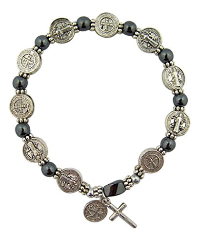 CB Silver Tone Saint Benedict Medal Hematite Bead Rosary Bracelet, 7 1/2 Inch - Thumbnail 2