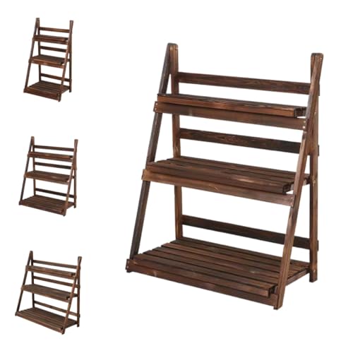 SJGEIDM フラワースタンド 天然木製 防腐処理 プランタースタンド 3段 幅55cm 大容量 植木鉢スタンド 組立不要 折りたたみ棚|風通しいい 根腐れ防止 植物 棚 多機能 ガーデンラック 庭 玄関 室内 屋外兼用 ガーデンシェルフ (炭化色・三層