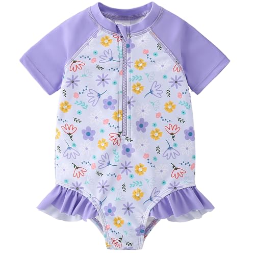 Image of AMIYAN Toddler Girls One-Piece Swimwear Short Sleeve Ruffle Swimsuit Zipper Rash Guard Bathing Suit for Little Girls 1-5Y