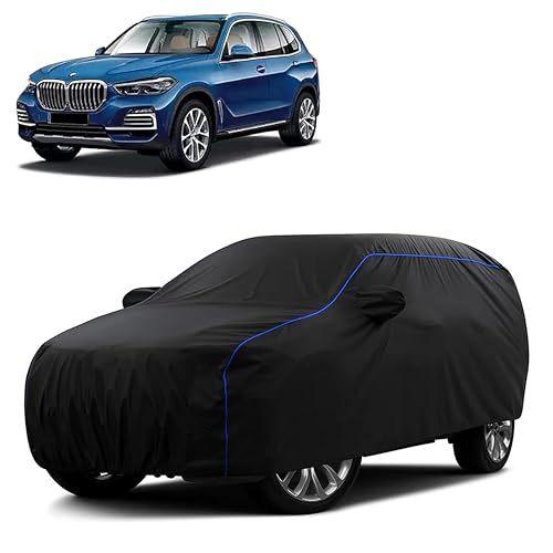 Image of Sulfar 100% Water Resistant Car Body Cover Compatible with Mirror for BMW X5 (Triple Stitched, Full Bottom Elastic, Black Tafetta with Blue Piping)