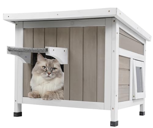 Ketive Outdoor Cat House for Feral Cats Weatherproof Cat Shelter Wooden Pet Small Houses Indoor Cat Condo with Escape Door & Openable Asphalt Roof to Enhanced Safety, Simple Assembly