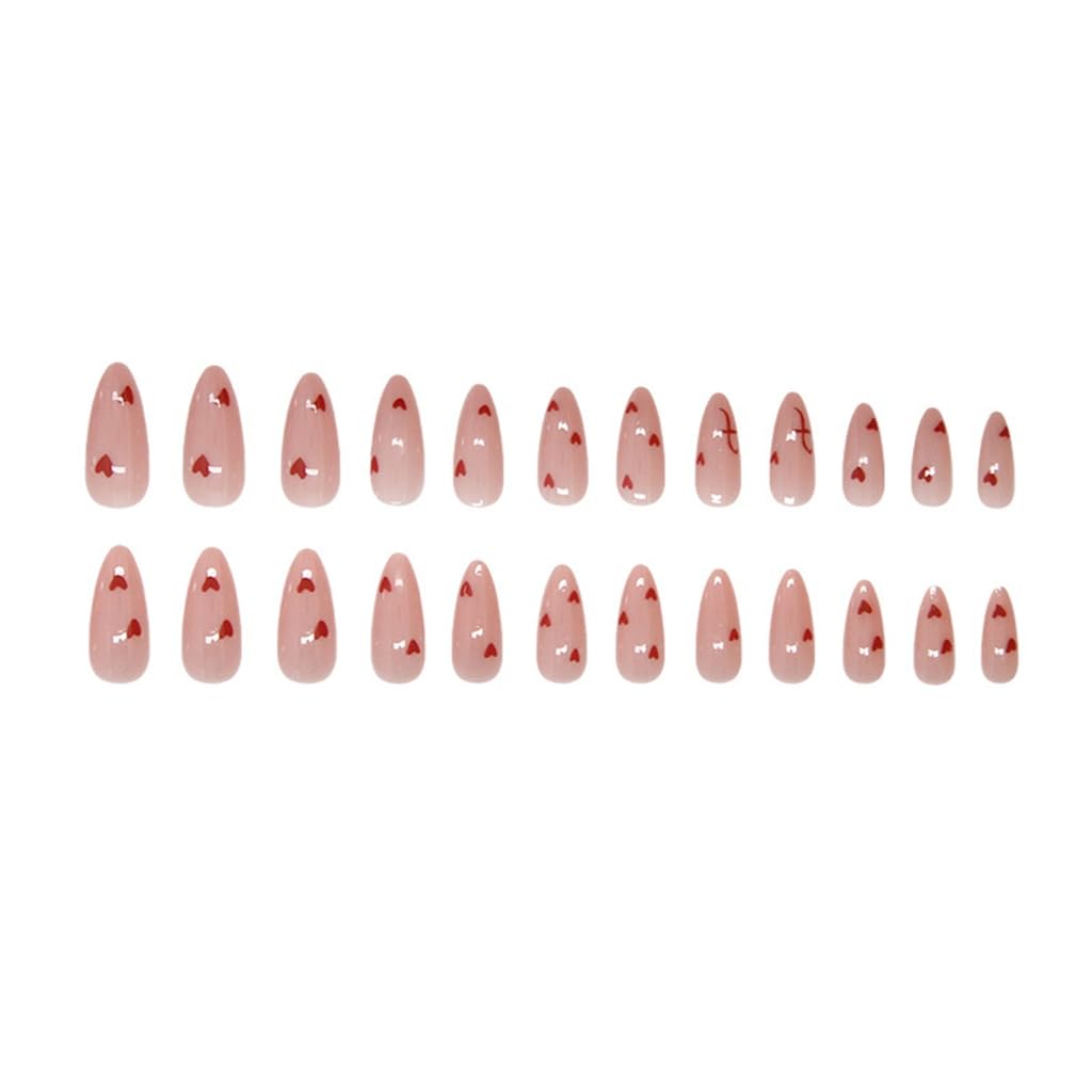24 Pcs Heart Full Covers Stick on Nails Valentines Day False Nails Almond Shape Acrylic Nails for Women