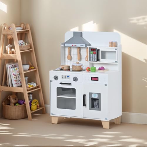 森風ShinrinKaze おままごと キッチン 木製 製氷機 音が鳴る 電子レンジ コンロ 台所 ライト付き 調理器具付き 調味料 食材 野菜 知育玩具 コンロ 子供用 プレゼント 家事 おもちゃ キッズ ベビー 誕生日 子供の日 クリスマス プレゼント