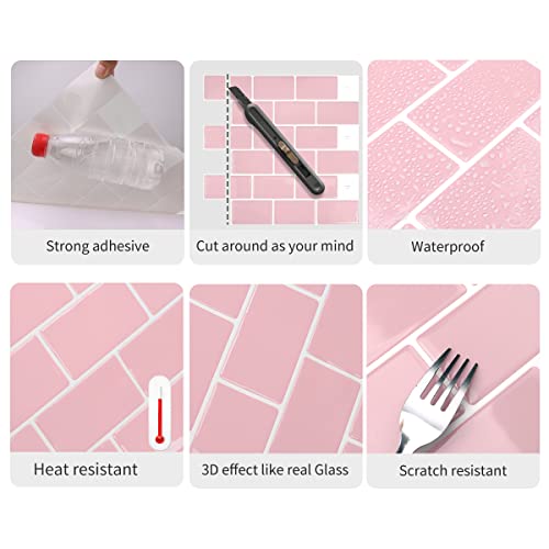 Waldecoo Subway Tile Peel And Stick Backsplash Tile, 10-Sheet Premium Self Adhesive Tiles For Kitchen, Stronger Upgrade Adhesive, Pink Stick On Backsplash For Kitchen And Bathroom(12" × 12") #TOP3
