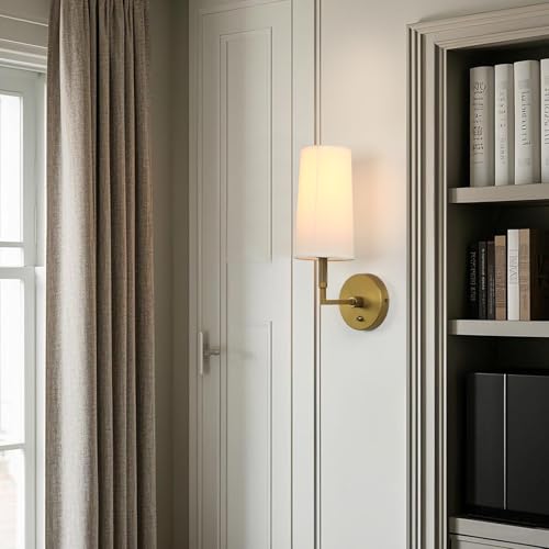 Image of Brass Wall Sconces Set of Two, Hardwired White Fabric Shade Wall Lamps, Bathroom Vanity Lights Fixture with Switch, Indoor Wall Lights for Bedroom Living Room Corridor