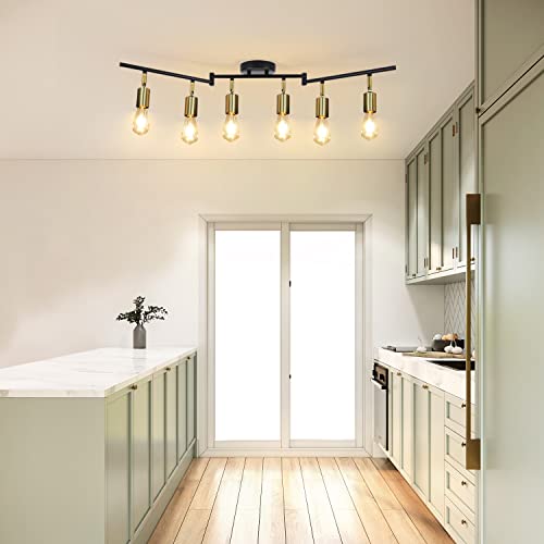 Hurrah Track Lighting Fixture Kit 6-Lights - Black Flexibly Foldable Ceiling Spotlight Modern Semi Flush Mount Ceiling Light For Rustic Industrial Dinging Room Living Room Bedroom Hallway - E26 Base #TOP1