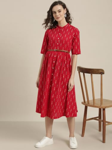 Image of Rama's Women's Printed Cotton One Piece Dress | V-Neck | 3 /4 Sleeves | Empire Waist | Knee Length Casual Dress for Women