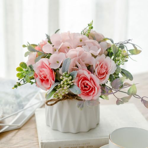 TKAS Fake Flowers Arrangement in Ceramic Vase, Artificial Faux Silk Roses & Hydrangea, Small Realistic Dried-Style Floral Centerpiece for Dining Table, Wedding Party Home Decoration (Pink)