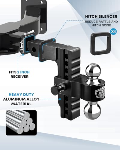 Image of Kohree Adjustable Trailer Hitch Fit 2 Inch Receiver, Dual Solid Ball 2 inch and 2-5 /16 inch(12,500 LBS GTW), 8 inch Drop & Rise Heavy Duty Aluminum Tow Hitch with 4 Silencer Pads & 2 Locking Hitch Pin, Black