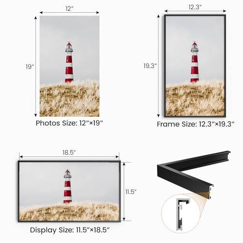 Image of 12x19 Aluminum Metal Picture Frame with Tempered Glass,Black Poster Frame 12 x 19 for Wall Gallery Photo Puzzles Artwork Frames 12 x 19 to Wall Mount Horizontal or Vertical