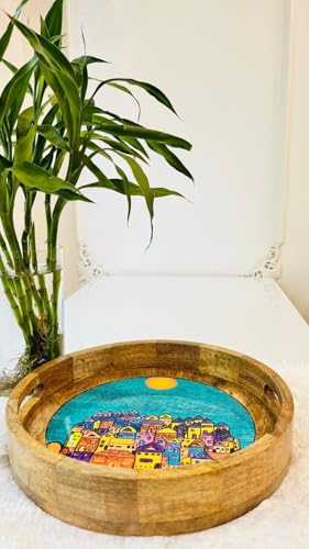 Image of Wooden Designer Round Serving Tray - 12 Inch | Premium Mango Wood Decorative | Eco-Friendly Non-Toxic Multipurpose Serving Tray for Tea, Coffee, Snacks, Kitchen & Gifting(Teal Blue FC)