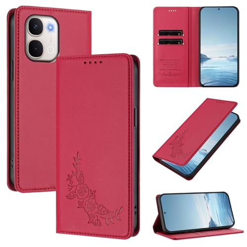 �X�}�z�P�[�X �Ή��@�� for Vivo Y500i / Y31d / Y51 Pro/iQOO Z11x / T5x �X�}�z�P�[�X�y�J�[�h�z���_�[�E�E�H���b�g�E�}�O�l�b�g�o�b�N���E�t���b�v�E�X�^���h�@�\�t���zRed