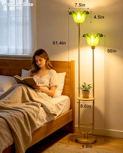 Image of Lightdot Dimmable Green Flower Floor Lamp for Living Room, Modern Mid Century Floor Lamp with Table, U-Shape 2 Lights Gold Tall Standing Lamp for Bedroom /Sofa Beside /Corner Decor(Bulb Included)