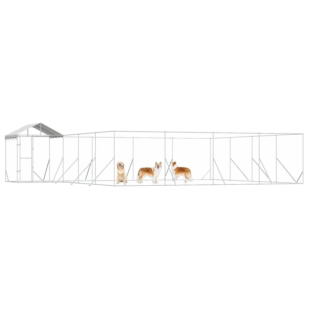 Perrera para perros al aire libre de acero galvanizado con techo plateado, 10 x 8 x 2,5 m, protección segura con rejilla de malla, resistente a la intemperie, ideal para perros, cachorros