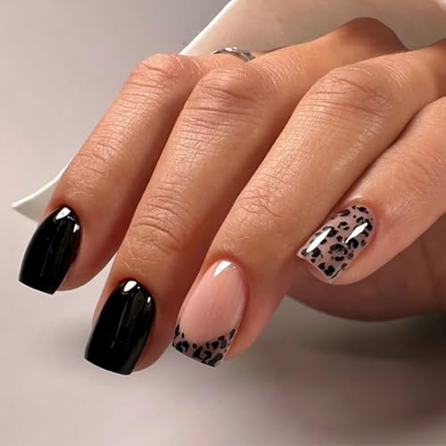 Image of Black Press on Nails Leopard Print Fake Nails with French Tip Design Glossy Glue on Nails Short Square False Nails Artificial Acrylic Full Cover Stick on Nails for Women Girls Nail Decoration 24Pcs