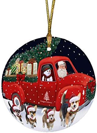 Christmas Express Delivery Red Truck Running Pembroke Welsh Corgi Dogs Round Flat Ornament - Pet Decorative Hanging Ornaments for Christmas X-mas Tree Decorations - 2.75" Round Christmas Ornament