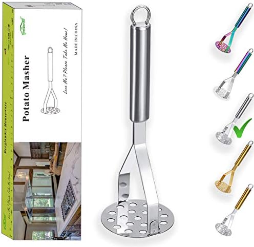 Stainless Steel Potato Masher, Berglander Heavy Duty Metal Potato Ricer, Food Masher Utensil Hand Masher, Vegetables Fruits Versatile Masher, Heat Resistant, Dishwasher Safe, Easy to Clean